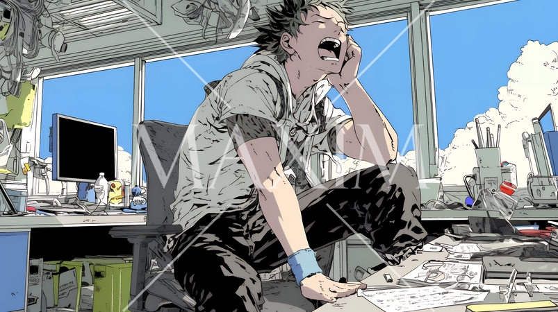 仕事中にあくびをしている若い男性