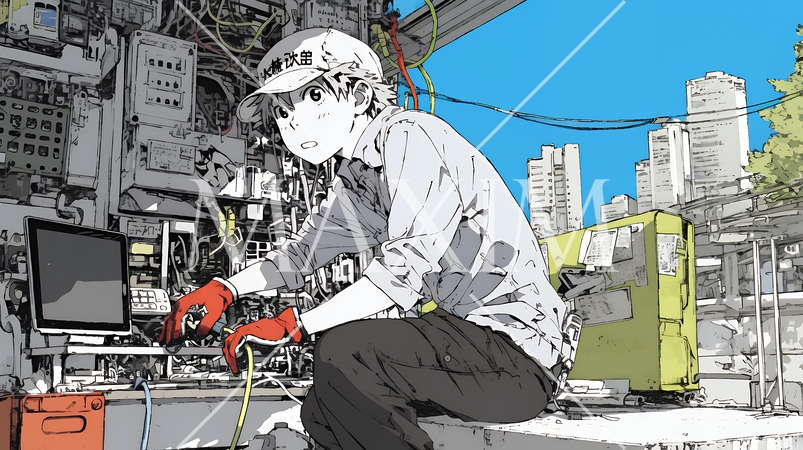 配線工事をしている男性作業員