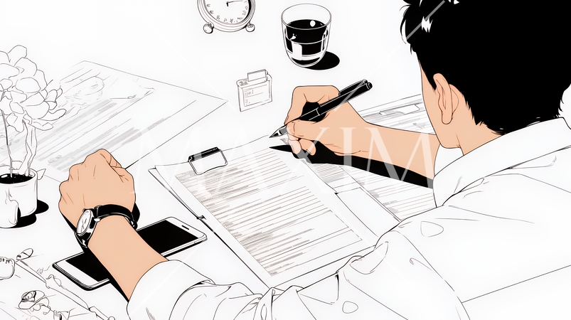 資料作成を行っている男性（シンプルな色使い）