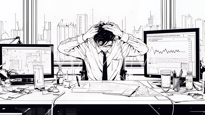 金融市場の急激な変動で頭を抱えている男性（シンプルな色使い）