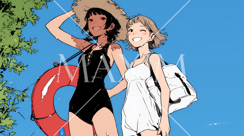 夏休みの思い出：友達と海水浴に行く（シンプルな色使い）