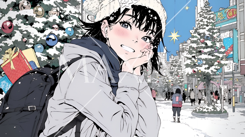 ホワイトクリスマスの街を歩く若い女性