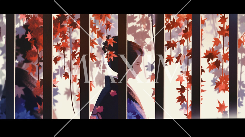 格子窓から眺めた秋の紅葉と若い女性