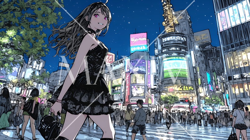 ゴシックロリータファッションで東京の町を歩く若い女性