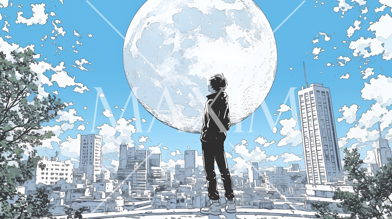 月見をしている若い女性