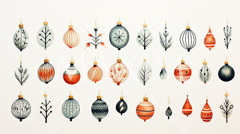 クリスマスツリーのオーナメント（飾り付け）の手書き風アイコンのリファレンスシート