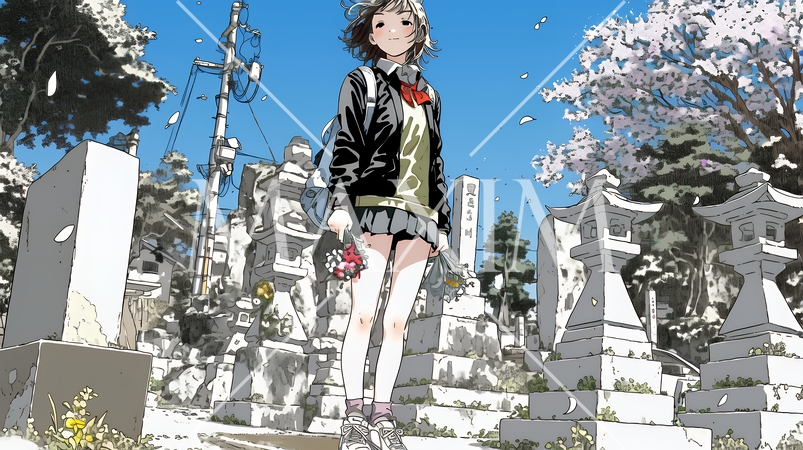 墓参りをしている若い女性