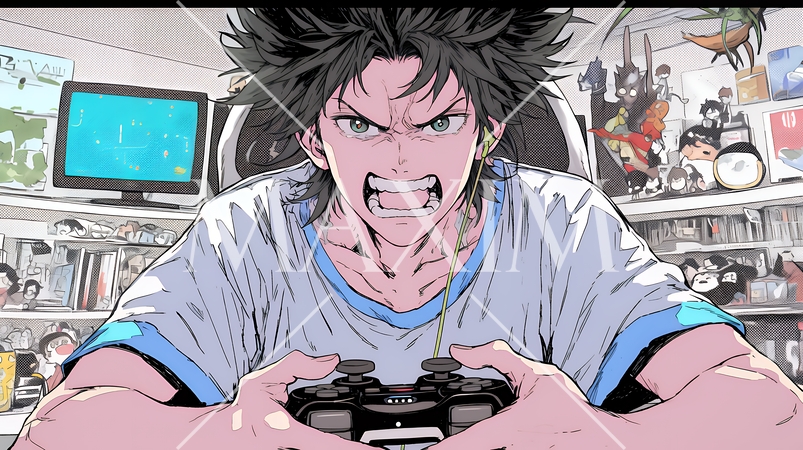 対戦型テレビゲームに没頭している若い男性