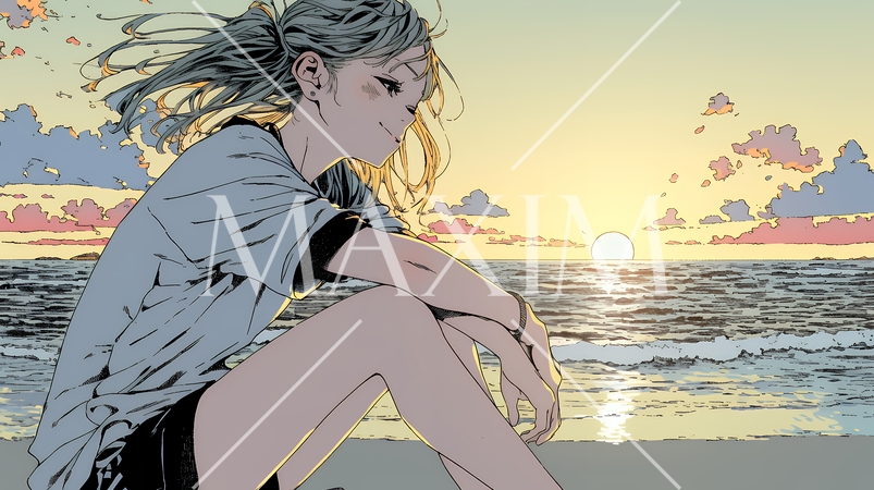 のんびり・ゆったり：夏のビーチで夕日を眺める若い女性