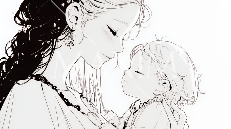 赤ん坊と母親（シンプルな色使い）