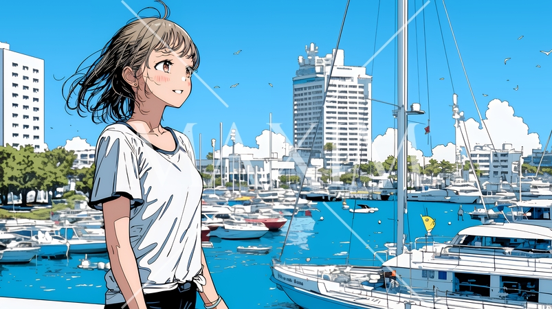 沖縄のヨットハーバーに立つ若い女性