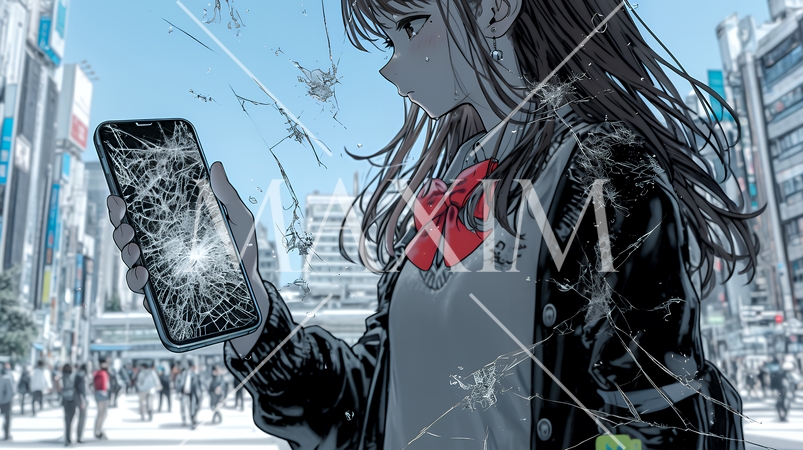 画面が激しく割れているスマートフォンを手にしているいる若い女性