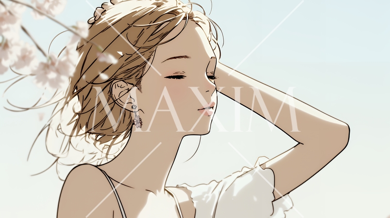 満開の桜の下、春風に乱れた髪を整える若い女性（シンプルな色使い）