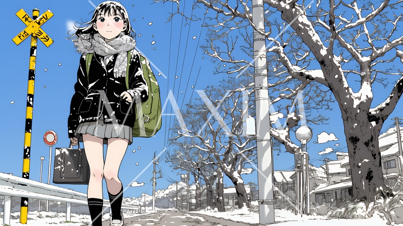 雪解けでぬかるんだ道を歩く若い女性