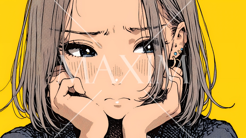 唇を噛んで不安そうな表情をしている若い女性