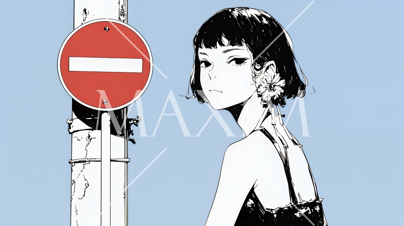 Noという意思表示：進入禁止マークと無表情な女性で表現（シンプルな色使い）