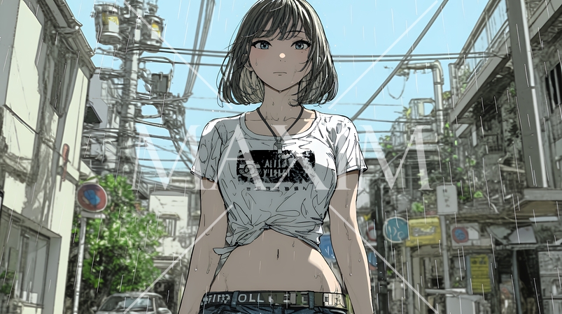 夏の急な雨でびしょ濡れの若い女性