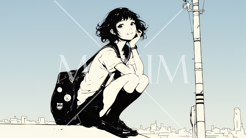 若い女性が佇む都市の街角（シンプルな色使い）