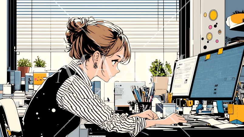 PCで資料作りをしている若い女性