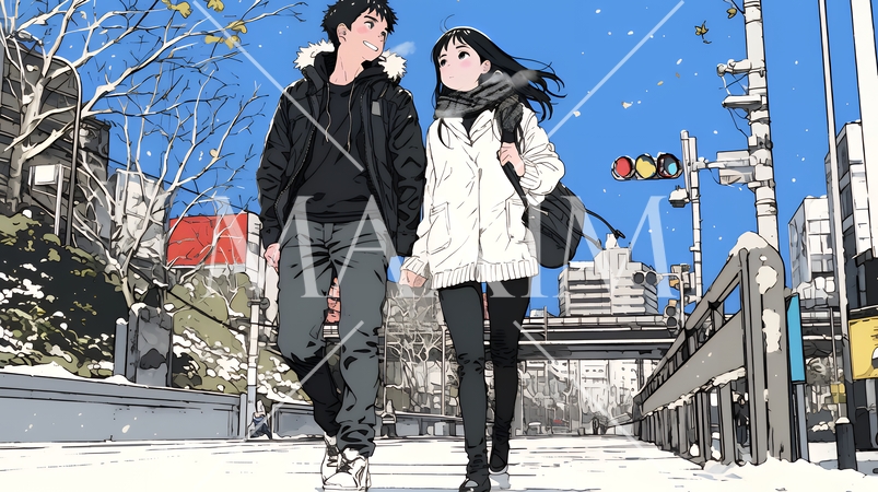 冬枯れ街をデートしている若い恋人たち