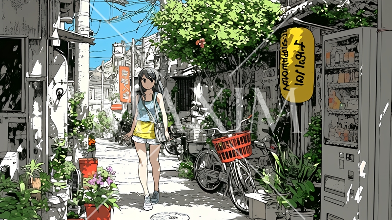 沖縄の町の裏通りを一人で歩く若い女性