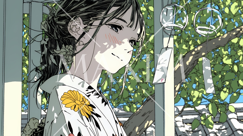 風鈴の音色を聞いている若い女性