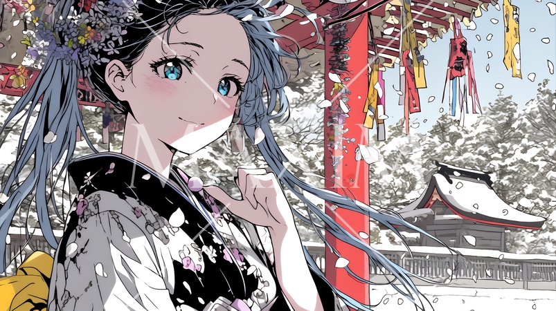 和服を着て初詣をしている若い女性