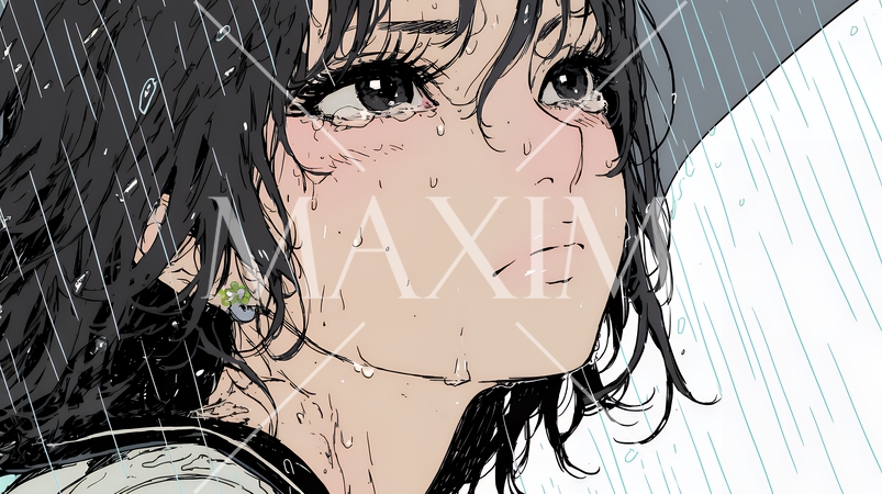 雨の中で泣いている若い女性