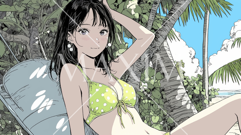 南国の海岸にビキニ姿でいる若い女性