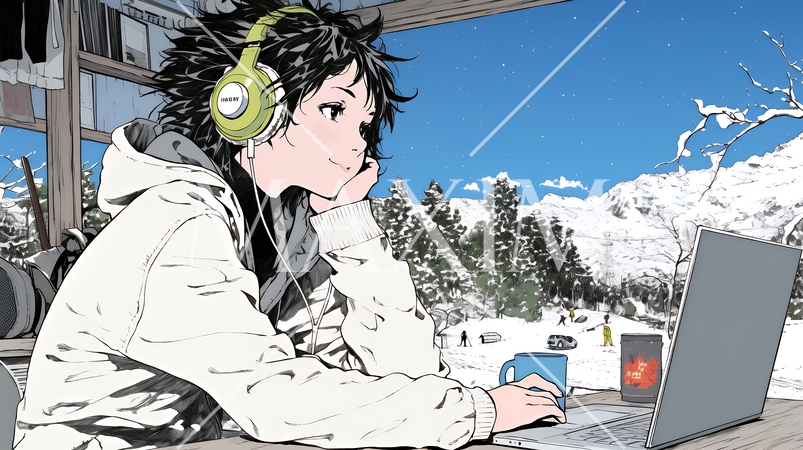 スキーリゾートに来ているのにPCを手放せない若い女性