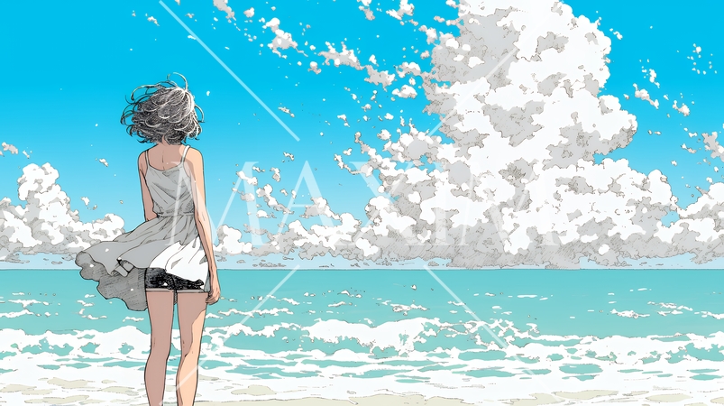 夏の海と入道雲と若い女性