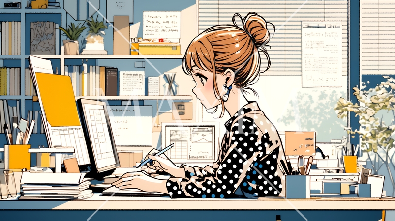 PCで資料作りをしている若い女性