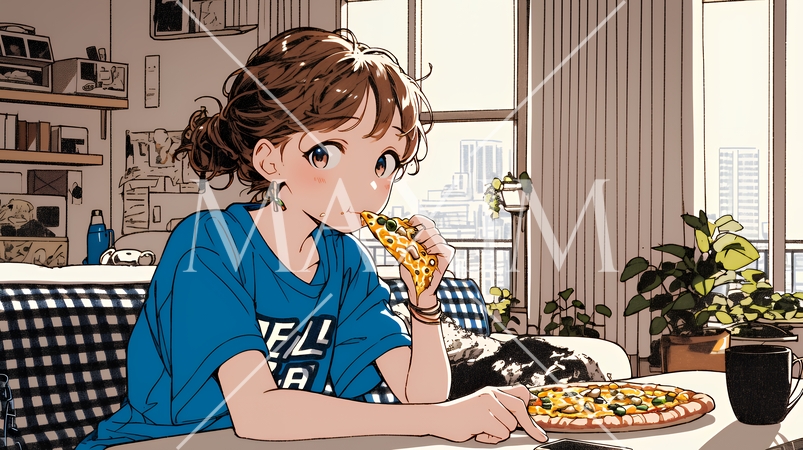 ピザを食べている若い女性