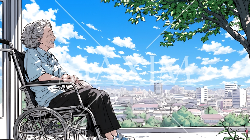 幸せそうに外の景色を眺めているおばあちゃん