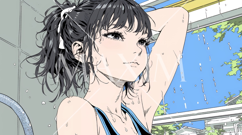 海水浴の後のシャワーを浴びている若い女性