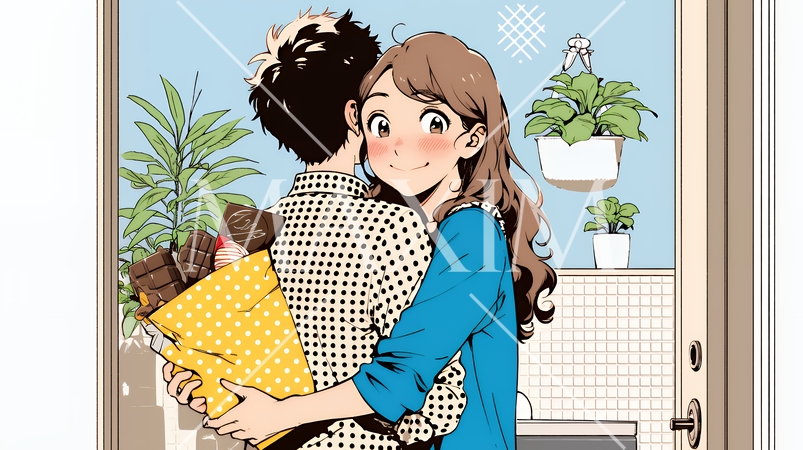 バレンタインディのチョコを男性に渡そうとしている若い女性