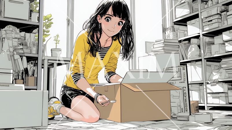 引っ越しの荷造り・荷解きをしている若い女性