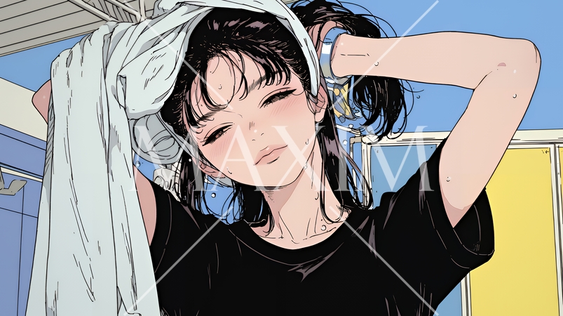 汗を拭っている若い女性