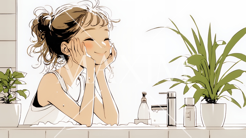 洗面所で朝の洗顔をする女性（シンプルな色使い）