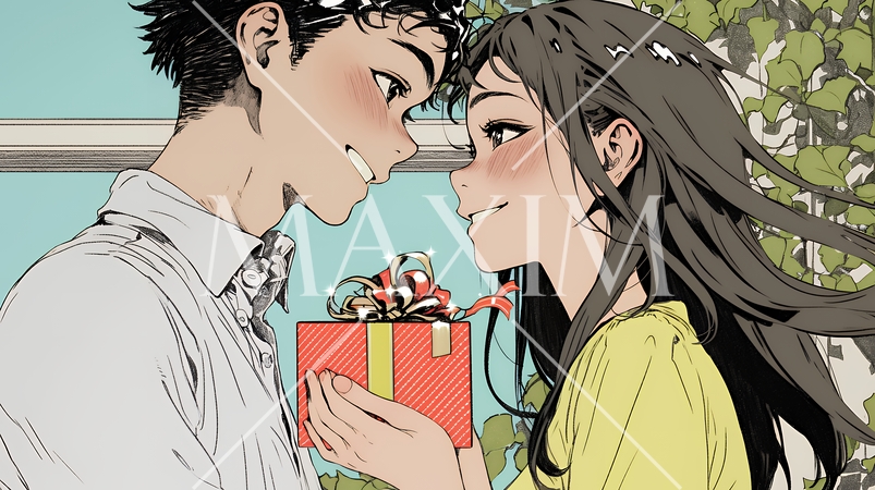 バレンタインディのチョコを男性に渡そうとしている若い女性