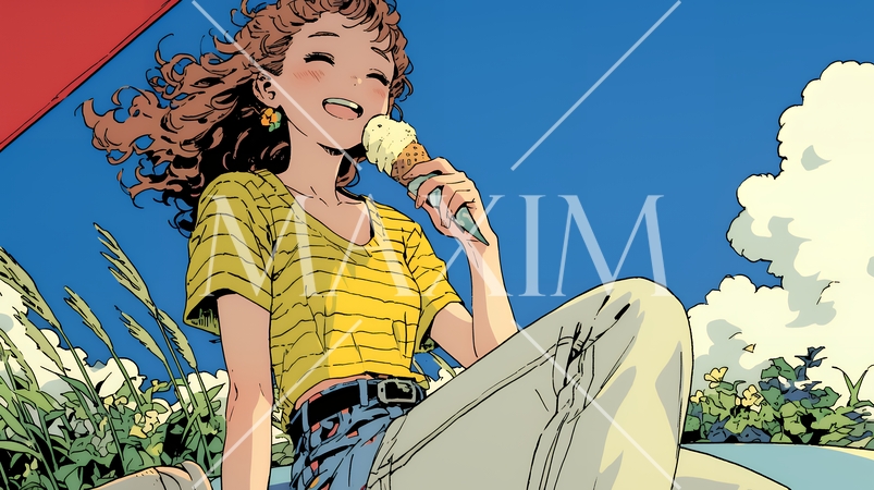 夏空の下でソフトクリーム（コーンに乗ったアイスクリーム）をたべる若い女性