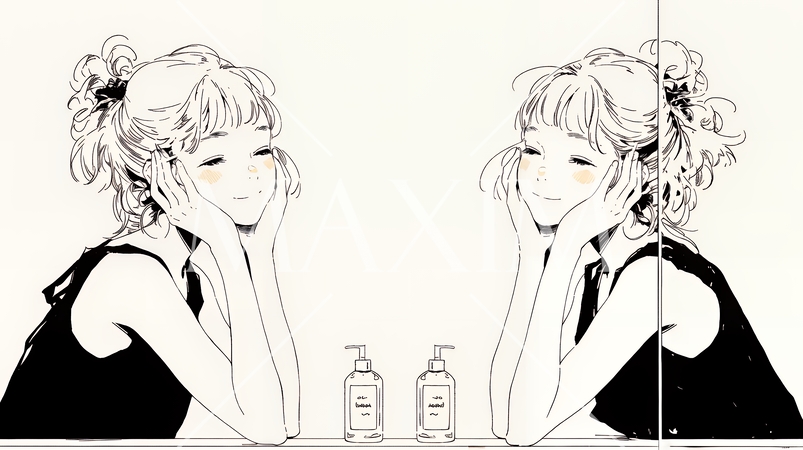 洗面所で朝の洗顔をする女性（シンプルな色使い）