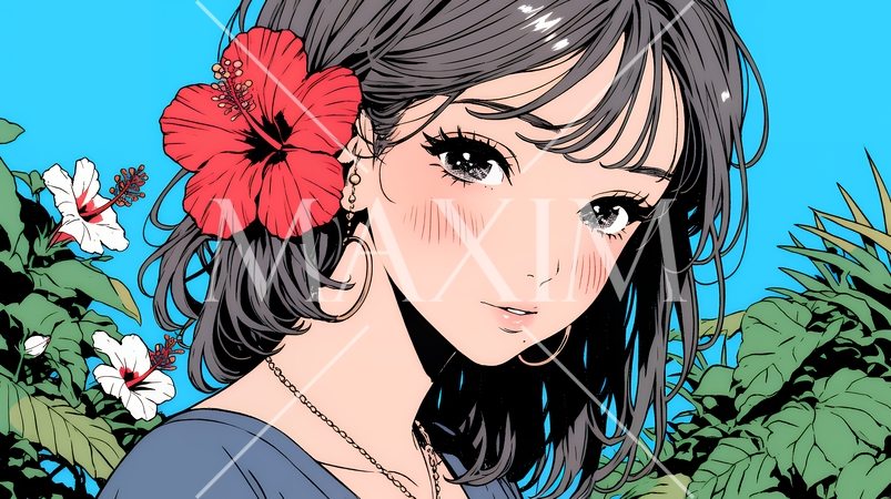 ハイビスカスと若い女性