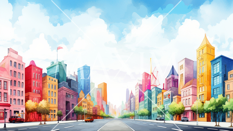 オフィスビル街のカラフルなポップアートなイメージ