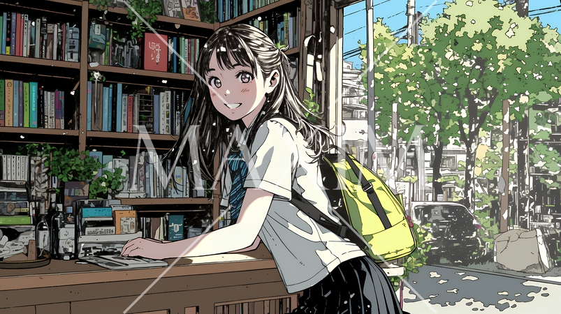 書店で本を選ぶ女子高生