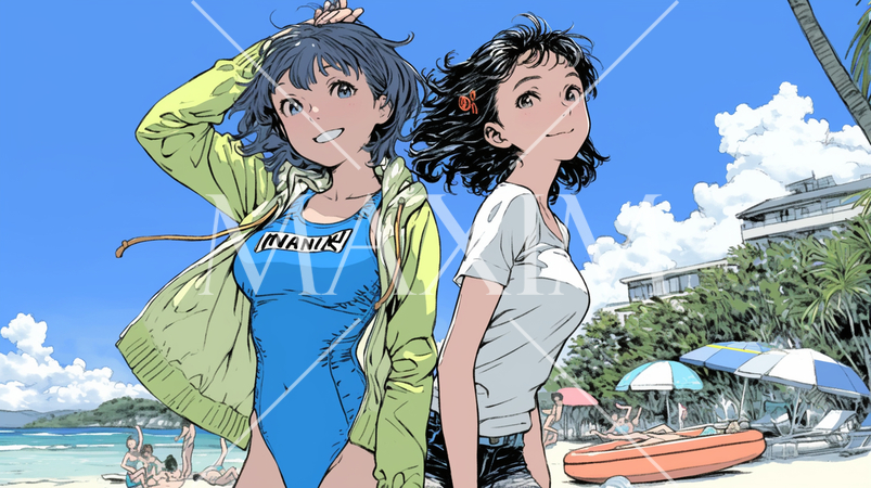 仲の良い友達同士で南国の海岸にビキニ姿でいる若い女性たち