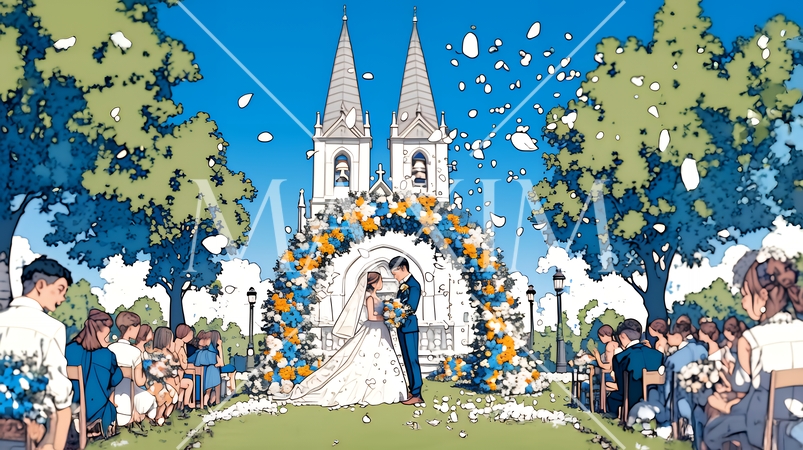 晴天の日のウェディングベルの鳴り響く中の結婚式