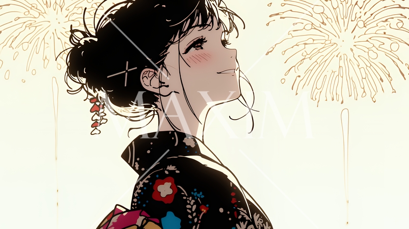 打ち上げ花火を見ている浴衣を着た若い女性（シンプルな色使い）