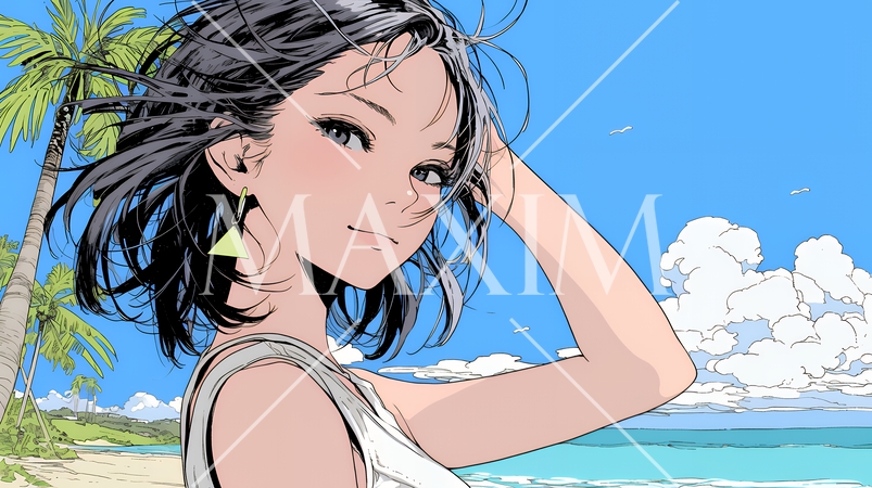 夏の南国の海辺を一人で旅行中の若い女性