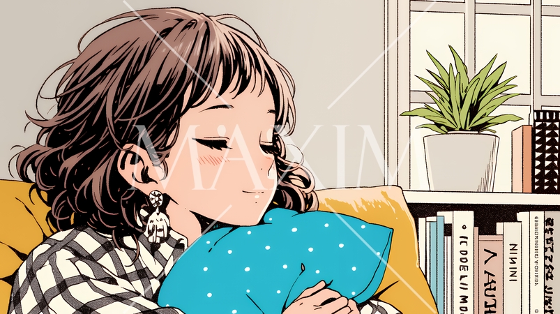 ソファでクッションを抱えてくつろぐ若い女性